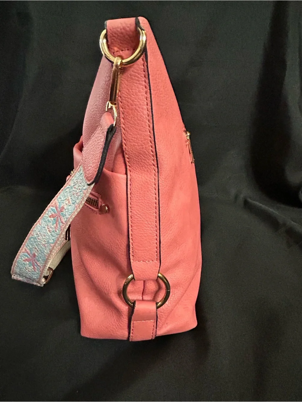 Coral Pink & Blue Crossbody Bag Floral Patterned Strap